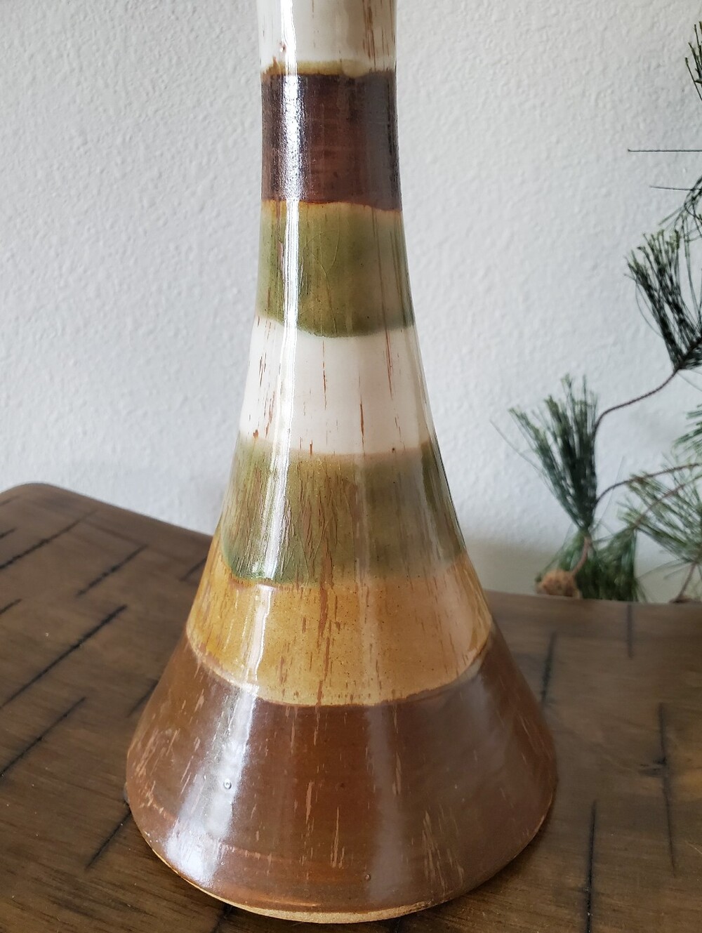 Vintage MCM Striped Ceramic Pillar Candle Holder Retro Earth Tone Pottery Boho - Picture 9 of 11